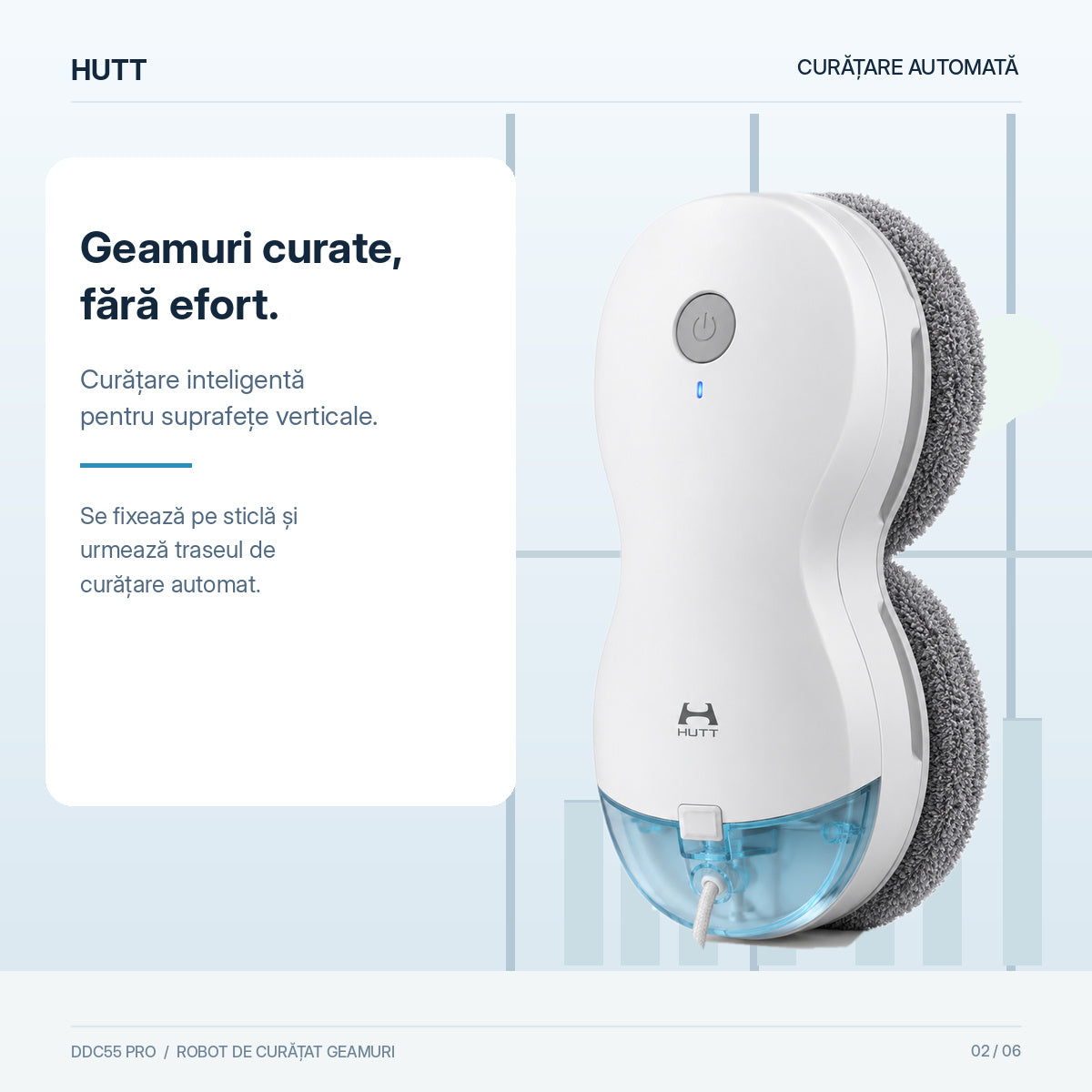 Robot curatare geamuri HUTT DDC55 Pro, 5400 Pa, 150 m², Senzori AI, Algoritm inteligent, Alb