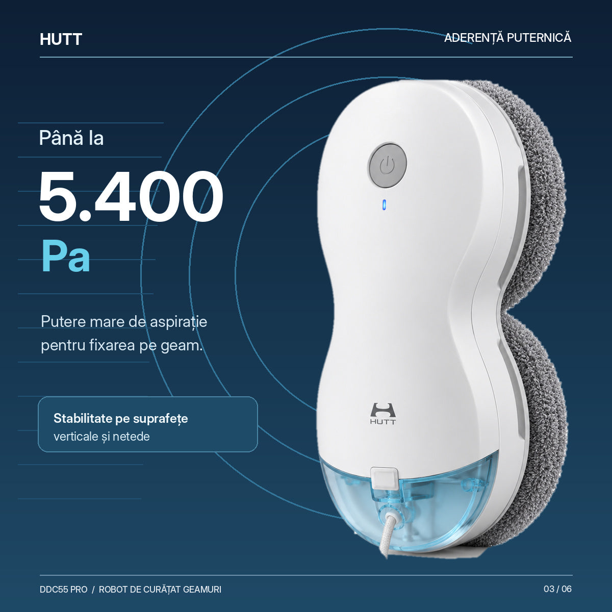 Robot curatare geamuri HUTT DDC55 Pro, 5400 Pa, 150 m², Senzori AI, Algoritm inteligent, Alb