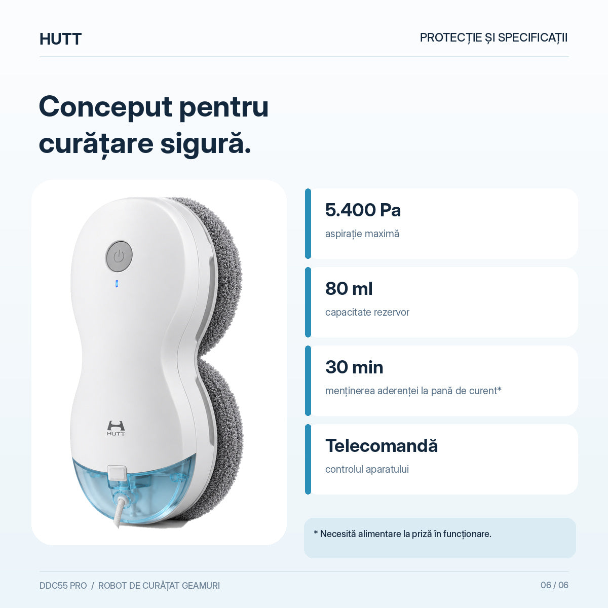 Robot curatare geamuri HUTT DDC55 Pro, 5400 Pa, 150 m², Senzori AI, Algoritm inteligent, Alb