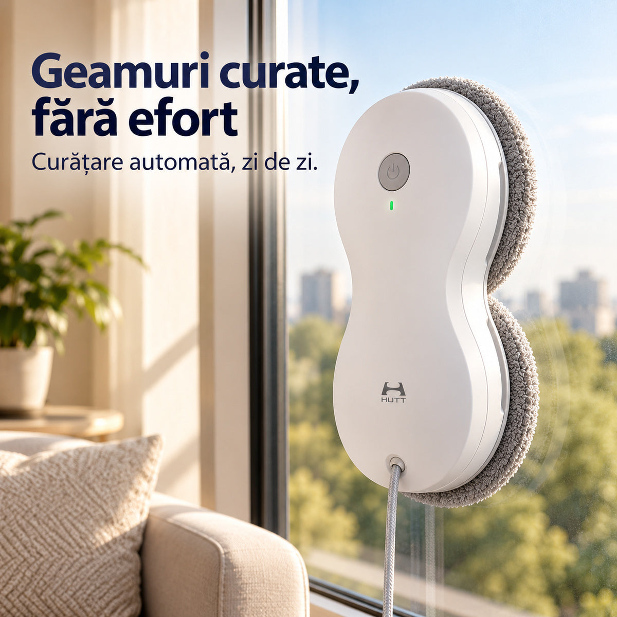 Robot de curatare geamuri Hutt DDC56, senzori AI, rezervor apa 60 ml, 3000Pa, alb