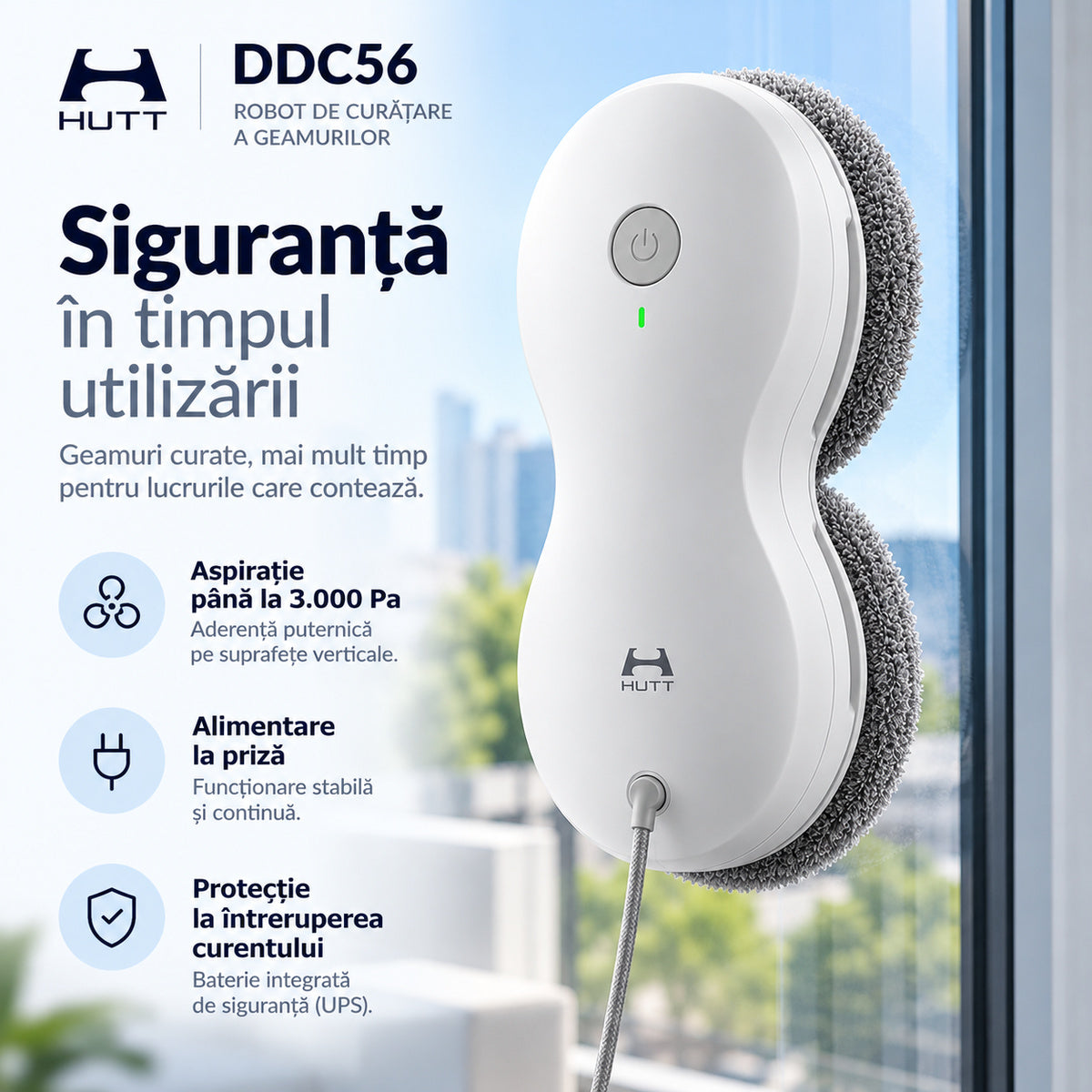 Robot de curatare geamuri Hutt DDC56, senzori AI, rezervor apa 60 ml, 3000Pa, alb