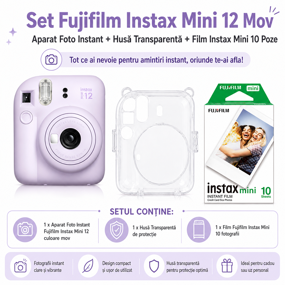 Set Fujifilm Instax Mini 12 Mov – Aparat Foto Instant + Husă Transparentă + Film Instax Mini 10 Poze