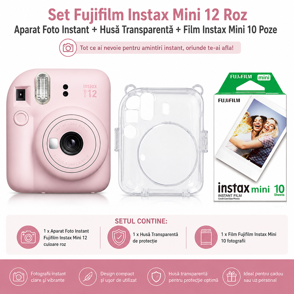 Set Fujifilm Instax Mini 12 Roz – Aparat Foto Instant + Husă Transparentă + Film Instax Mini 10 Poze