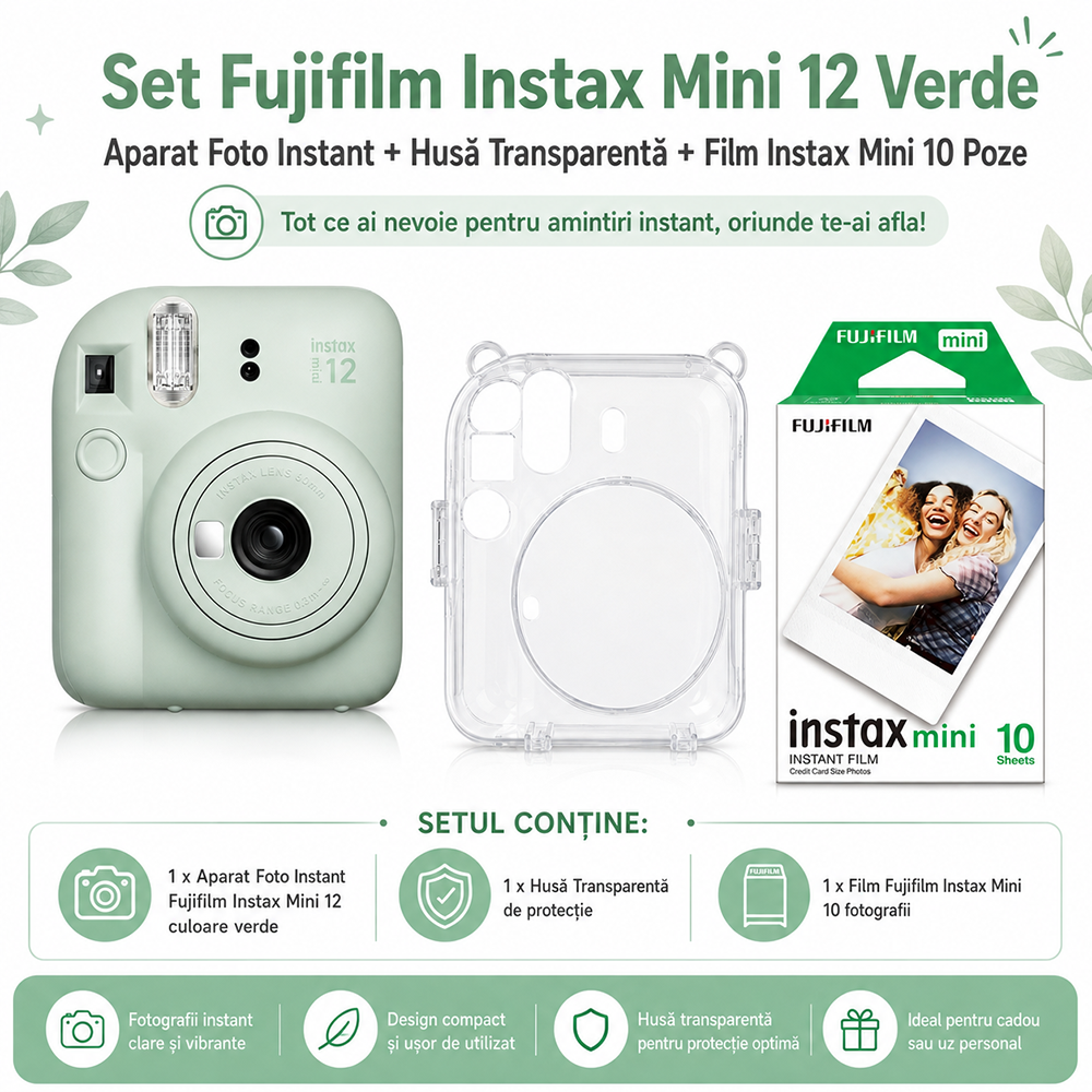 Set Fujifilm Instax Mini 12 Verde – Aparat Foto Instant + Husă Transparentă + Film Instax Mini 10 Poze