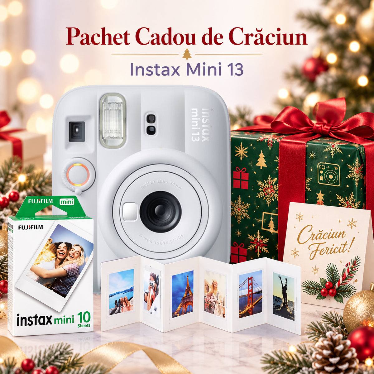 Pachet Cadou de Crăciun Instax Mini 13 Alb – Cameră, Film, Cutie