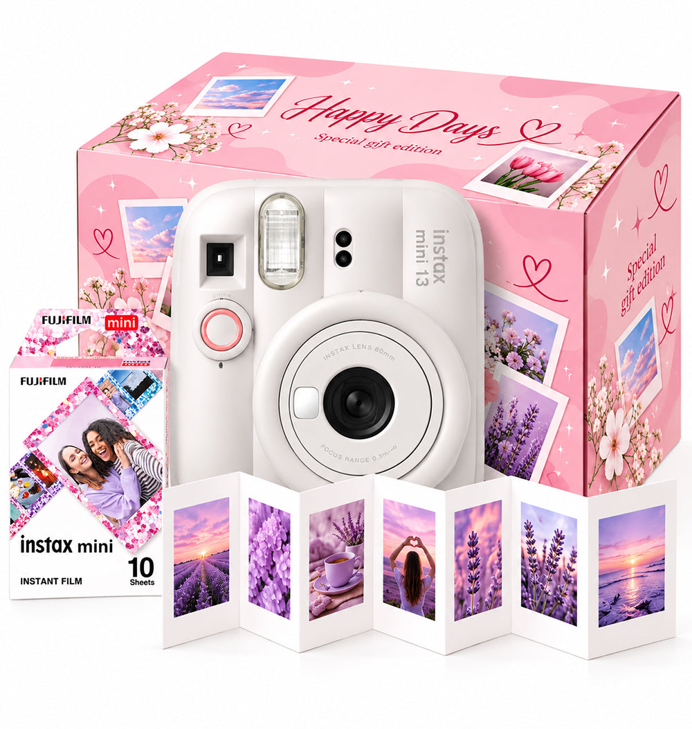 Pachet Cadou Instax Mini 13 Alb – Cameră, Film, Cutie Happy Days, Ramă Acordeon