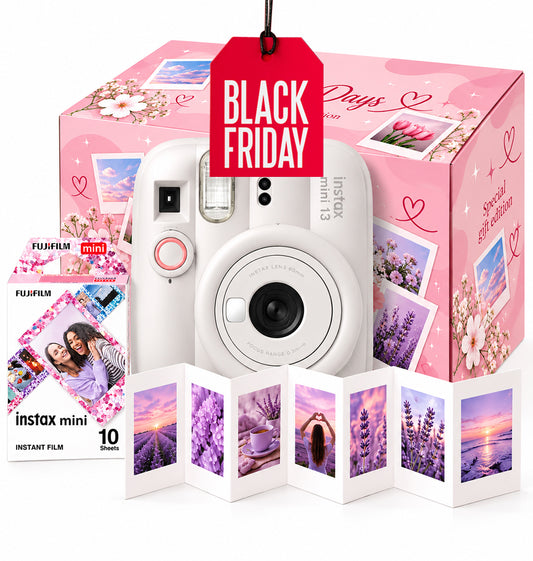 Pachet Cadou Instax Mini 13 Alb – Cameră, Film, Cutie Happy Days, Ramă Acordeon