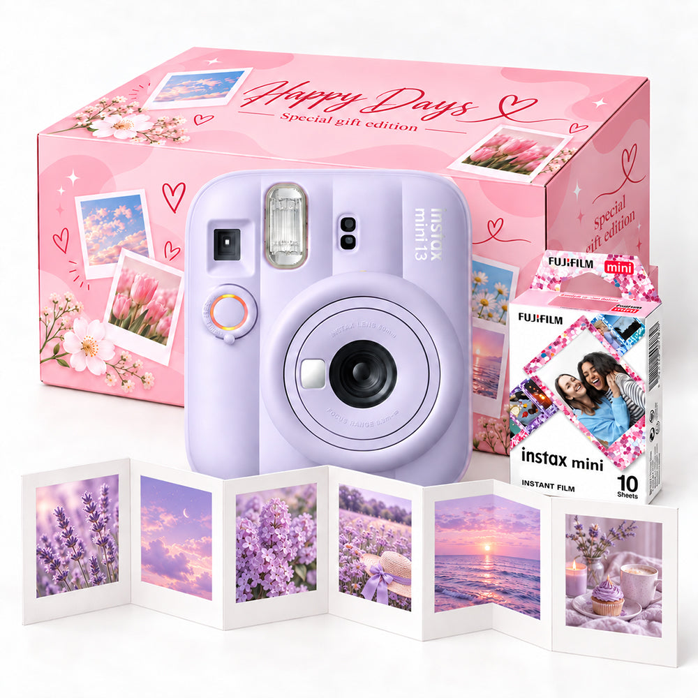 Pachet Cadou Instax Mini 13 Mov – Cameră, Film, Cutie Happy Days, Ramă Acordeon