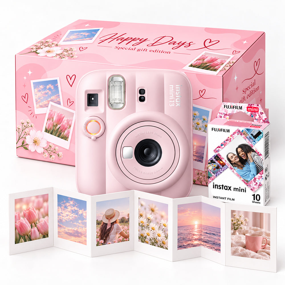 Pachet Cadou Instax Mini 13 Roz – Cameră, Film, Cutie Happy Days, Ramă Acordeon