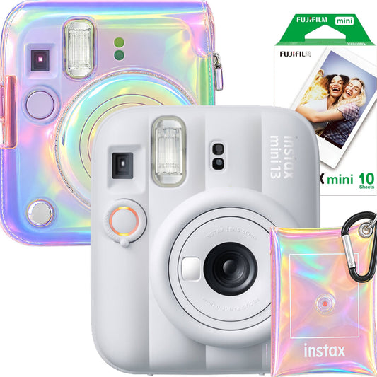 Pachet Fujifilm Instax Mini 13 Alb – Cameră Instant + Husă Iridescentă + Wallet Foto + Film 10 Poze
