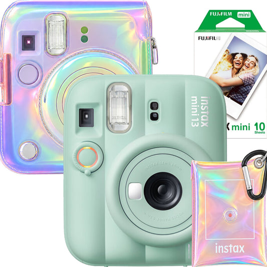 Pachet Fujifilm Instax Mini 13 Verde – Cameră Instant + Husă Iridescentă + Wallet Foto + Film 10 Poze